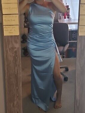 Brand New SHEIN One-Shoulder Satin Slit Dress in Light Blue